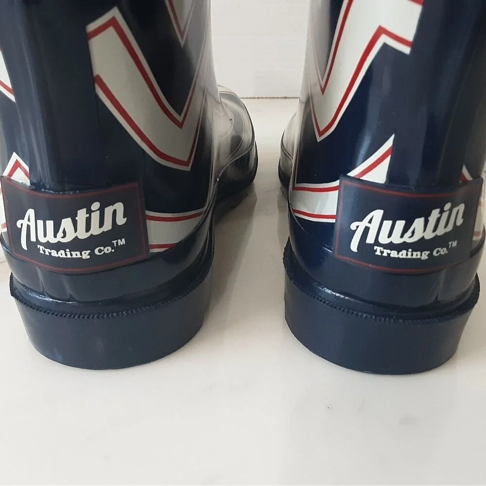 AUSTIN TRADING CO. Chevron Red White Blue Rain Boots Sz. 9